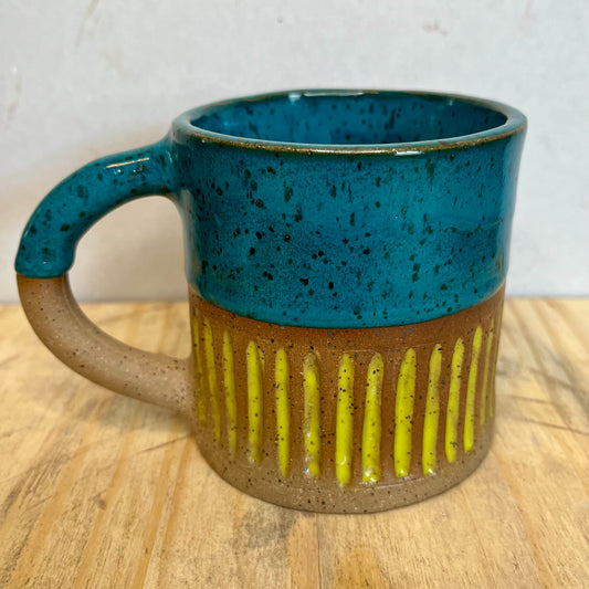 coffee mug - carved turquoise & neon green