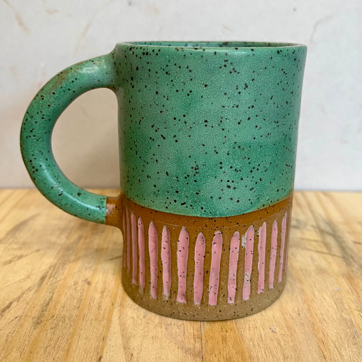 tall coffee mug - carved sage green & pink